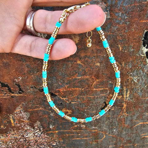 Gold and Teal Beaded Anklet