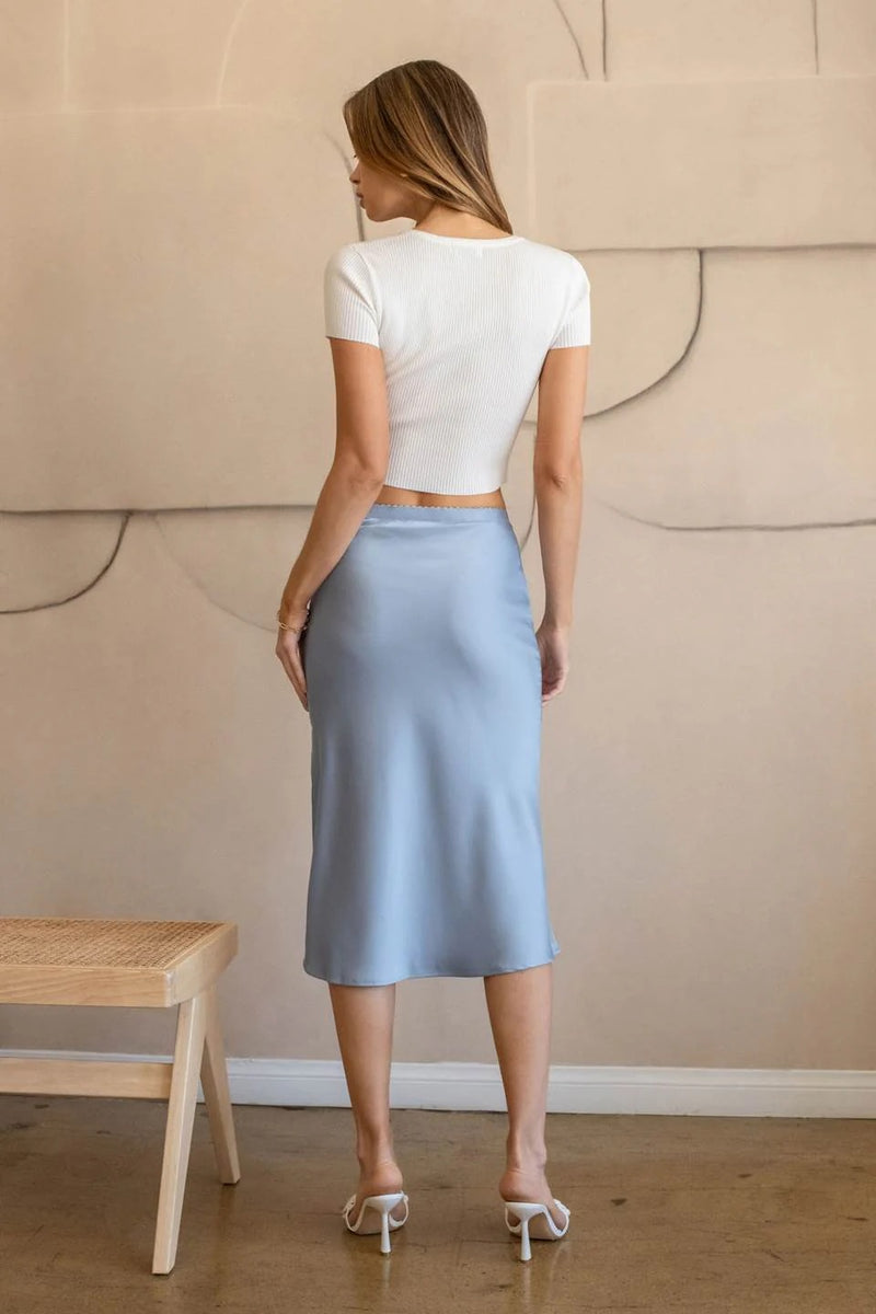 Dusty Blue Satin Side-Slit Midi Skirt – Lillie Kate Boutique