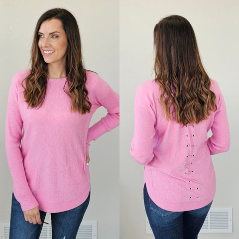 Charlie B Knit Sweater with Back Lace-up Detail in Orchid