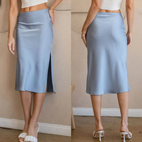 Dusty Blue Satin Side-Slit Midi Skirt