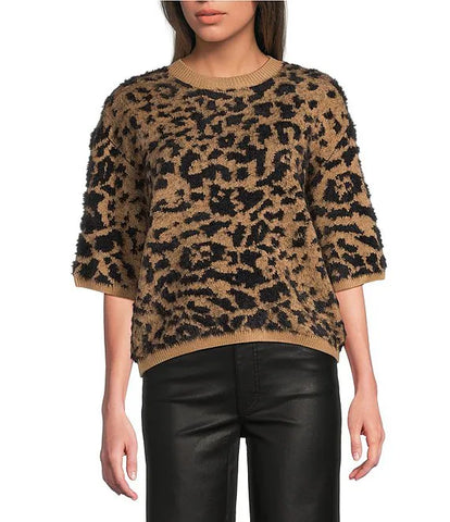 Charlie B Knit Leopard Print Short Balloon Sleeve Top