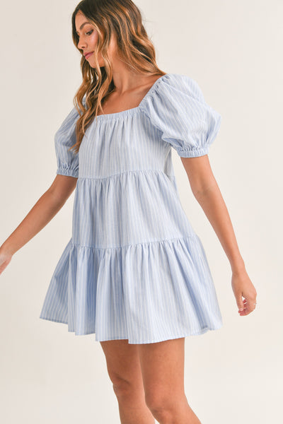 Blue Stripe Puff Sleeve Dress