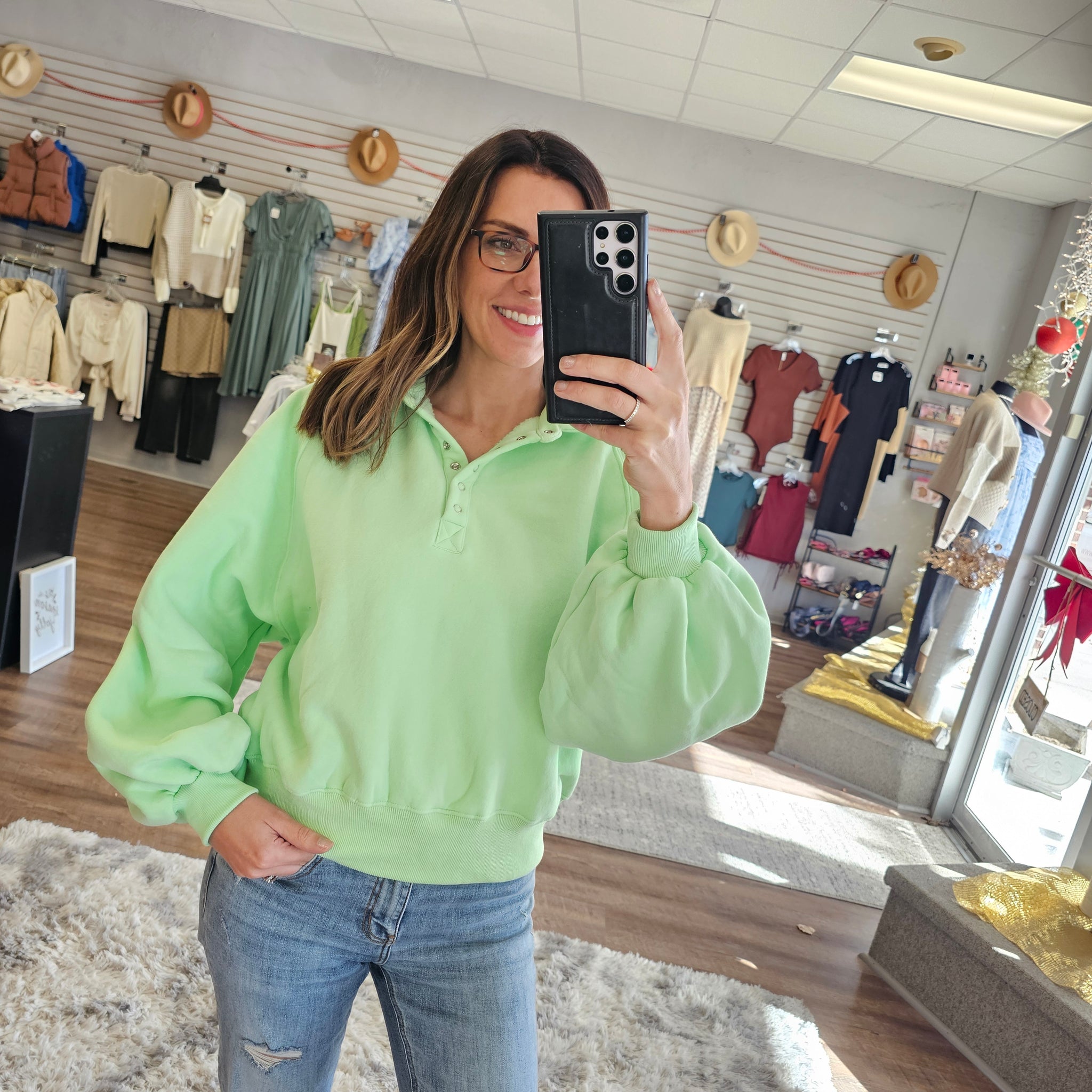 Apple Green Snap Cozy Pullover