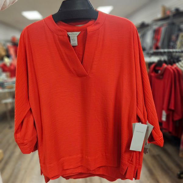 Multiples Red V-Slit 3/4 Rolled Sleeve Top