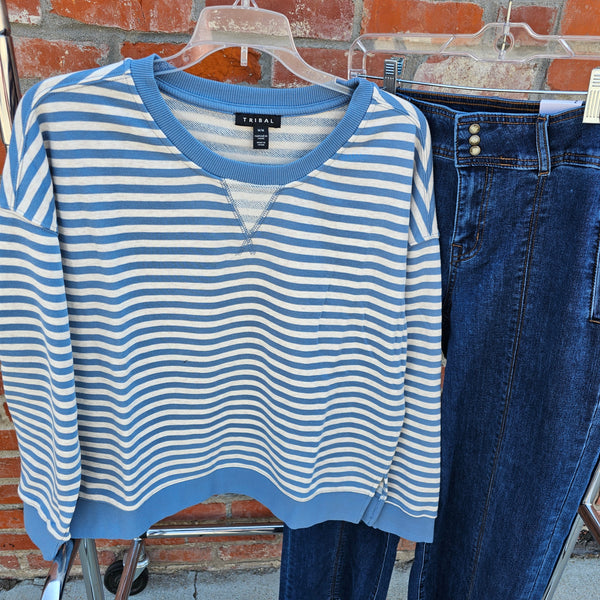 Tribal Blue Stripe Crew Neck Knit Top