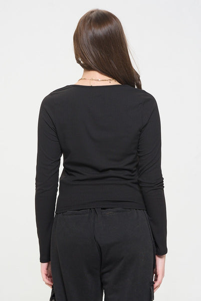 Black Long Sleeve RIbbed Knit Square Neck