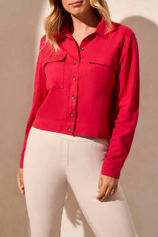 Tribal Cherry Red Cuffed Sleeve Denim Top