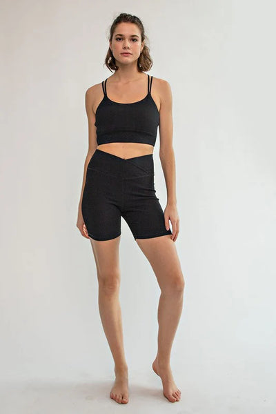 Black Rib Knit Cross Waist Biker Short