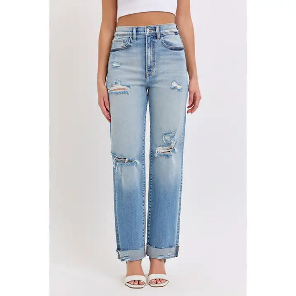 Cello High Rise Cuffed Distressed Dad Jeans