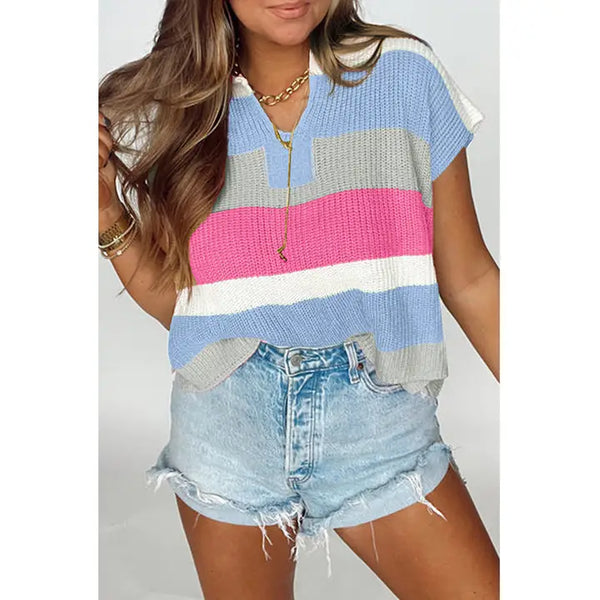Colorblock Striped Knit Shortsleeve Sweater