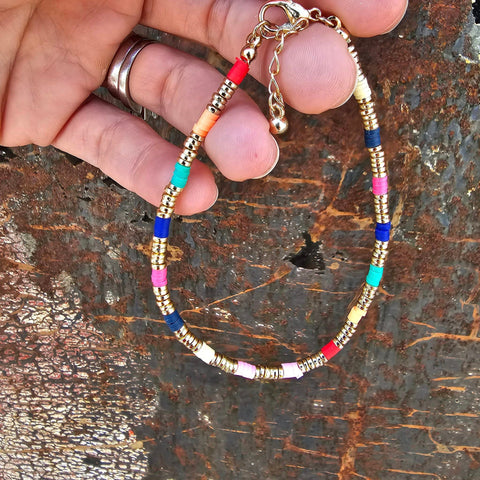 Rainbow and Gold Beaded Anklet