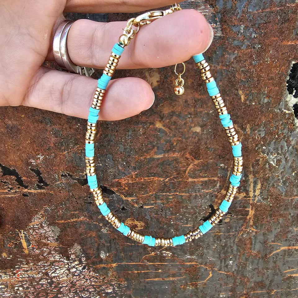 Gold and Teal Beaded Anklet