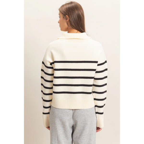 Half-Zip Collared Stripe Sweater- Black