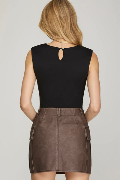Brown Faux Leather Cargo Mini Skirt