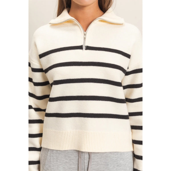Half-Zip Collared Stripe Sweater- Black