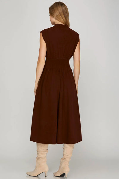 Wine Corduroy Midi Dress With Pockets