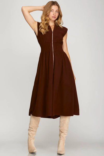 Wine Corduroy Midi Dress With Pockets