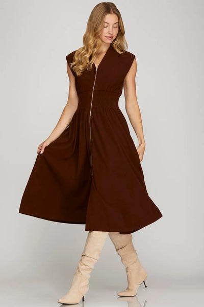 Wine Corduroy Midi Dress With Pockets