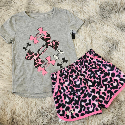 3 - UA Girls Grey and Pink Cheetah Short Set