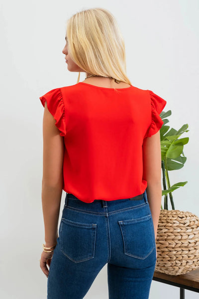 Red Split Neck Ruffle Blouse