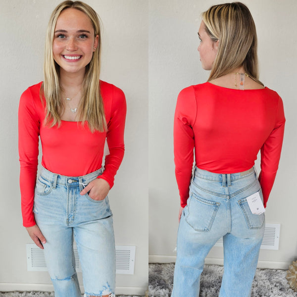 Mono B Red Square Neck Bodysuit