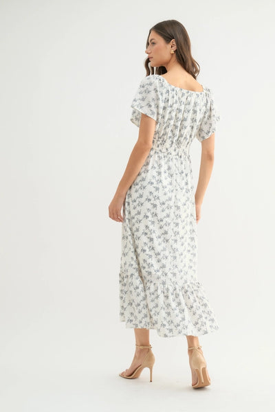 Off White FLoral Flutter Sleeve Midi Dress