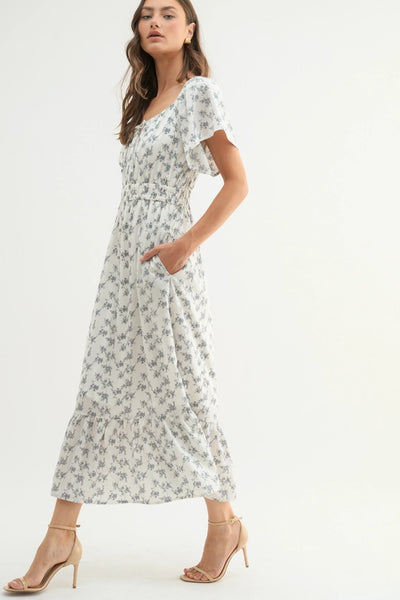 Off White FLoral Flutter Sleeve Midi Dress