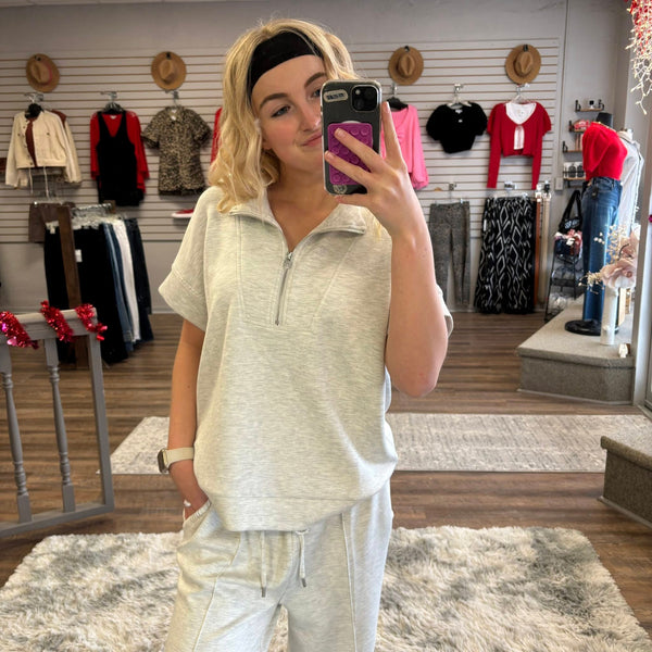 Charlie B Short Sleeve Half-Zip Collar Top