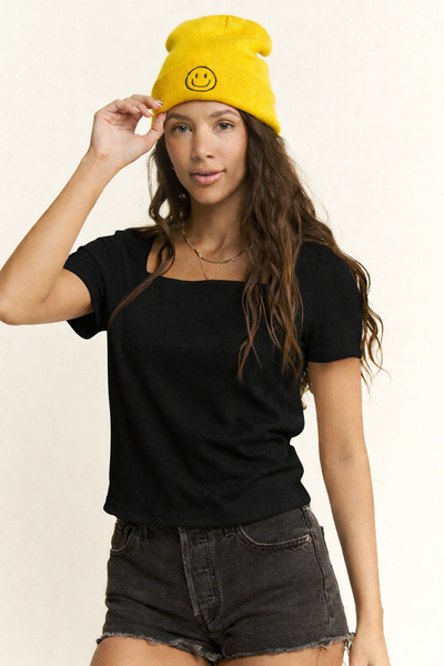 Short Sleeve RIbbed Knit Square Neck