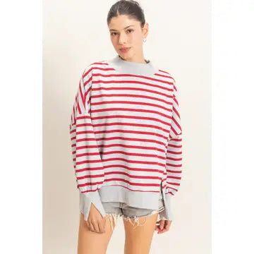 HYFVE Red and Gray Striped Long Sleeve Mock Neck
