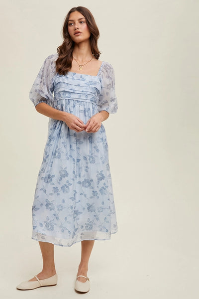 Blue Floral Pleated Bust Midi Dress