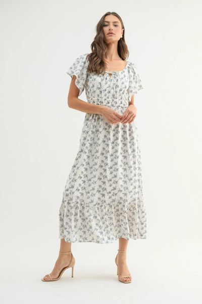 Off White FLoral Flutter Sleeve Midi Dress