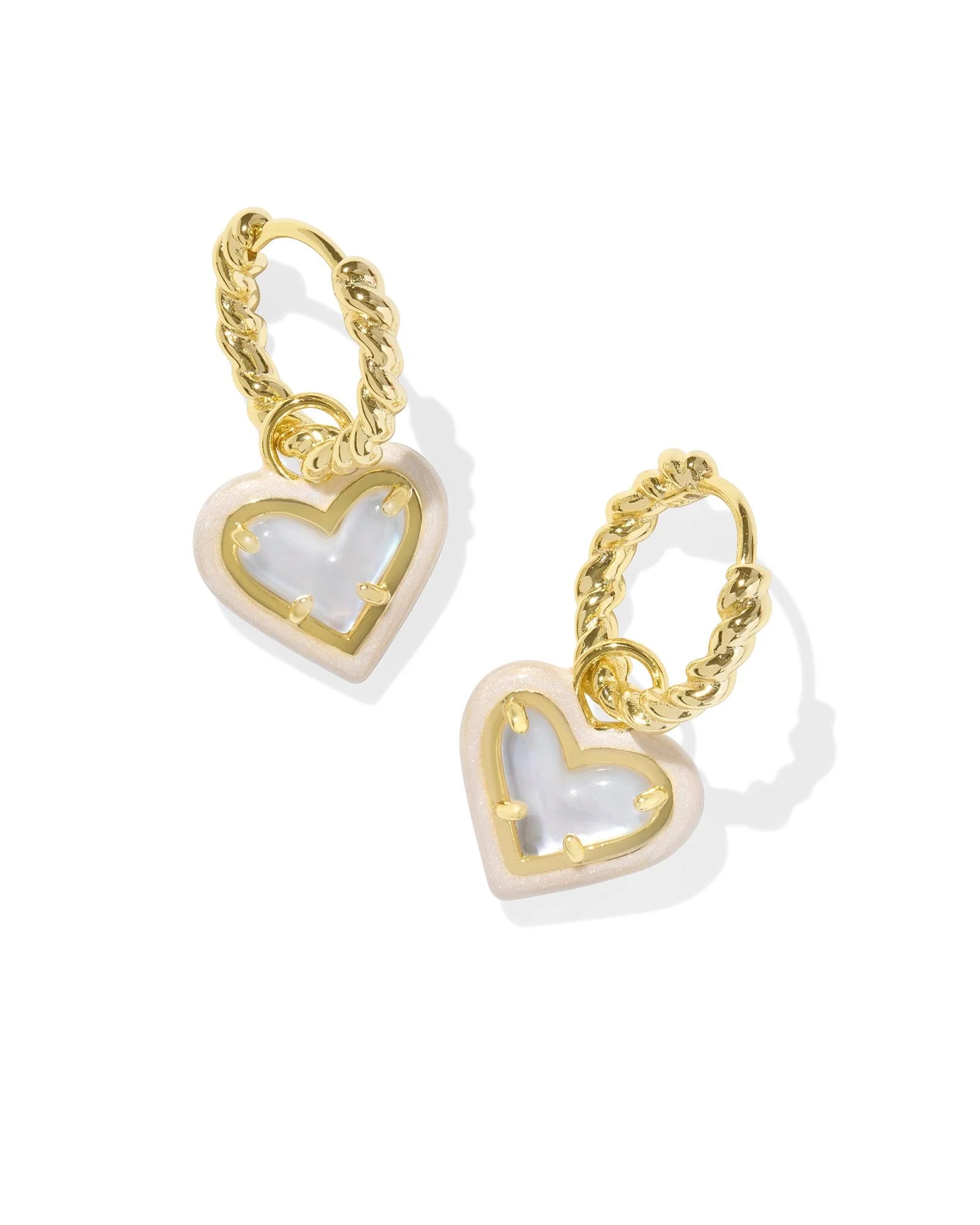 Ari Heart Gold Enamel Frame Huggie Earrings in Ivory Mother of Pearl