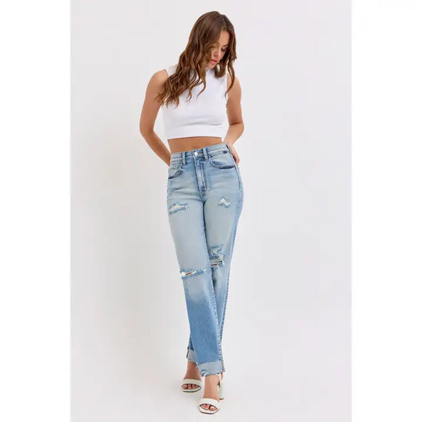 Cello High Rise Cuffed Distressed Dad Jeans