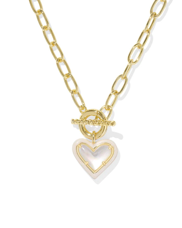 Ari Heart Gold Enamel Frame Link and Chain Necklace in Ivory Mother of Pearl