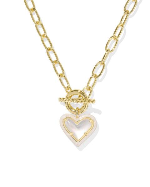 Ari Heart Gold Enamel Frame Link and Chain Necklace in Ivory Mother of Pearl