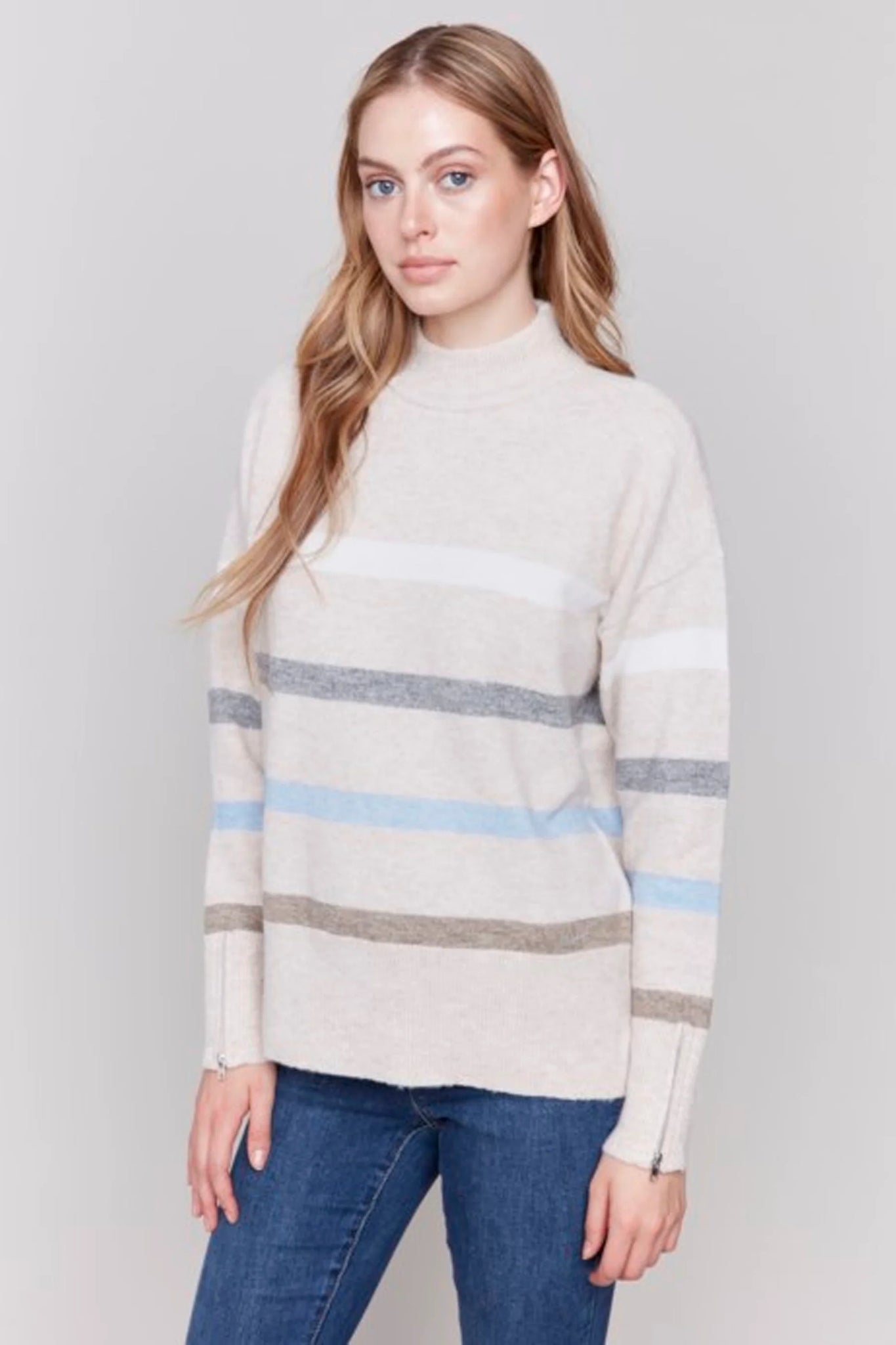 Charlie B Stripe Zip Cuff Sweater