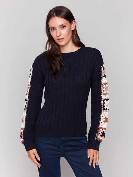 Charlie B Navy Blue Sweater with Crochet Sleeves