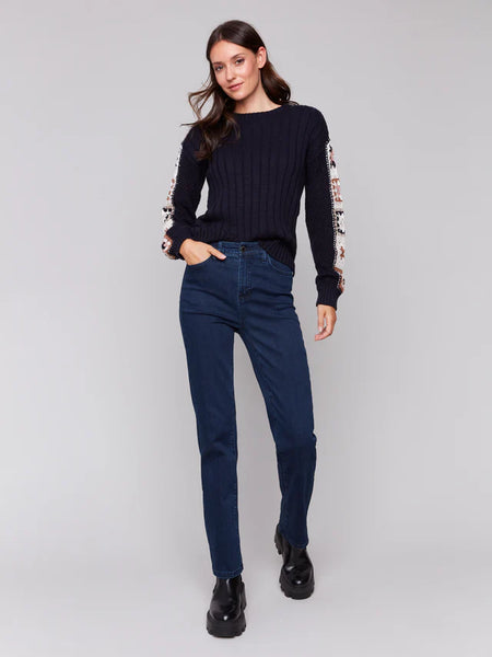 Charlie B Navy Blue Sweater with Crochet Sleeves