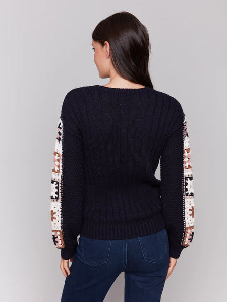 Charlie B Navy Blue Sweater with Crochet Sleeves