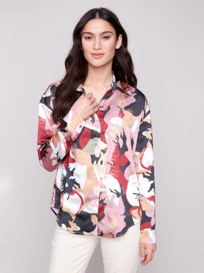 Charlie B. Printed Satin Button Down Top