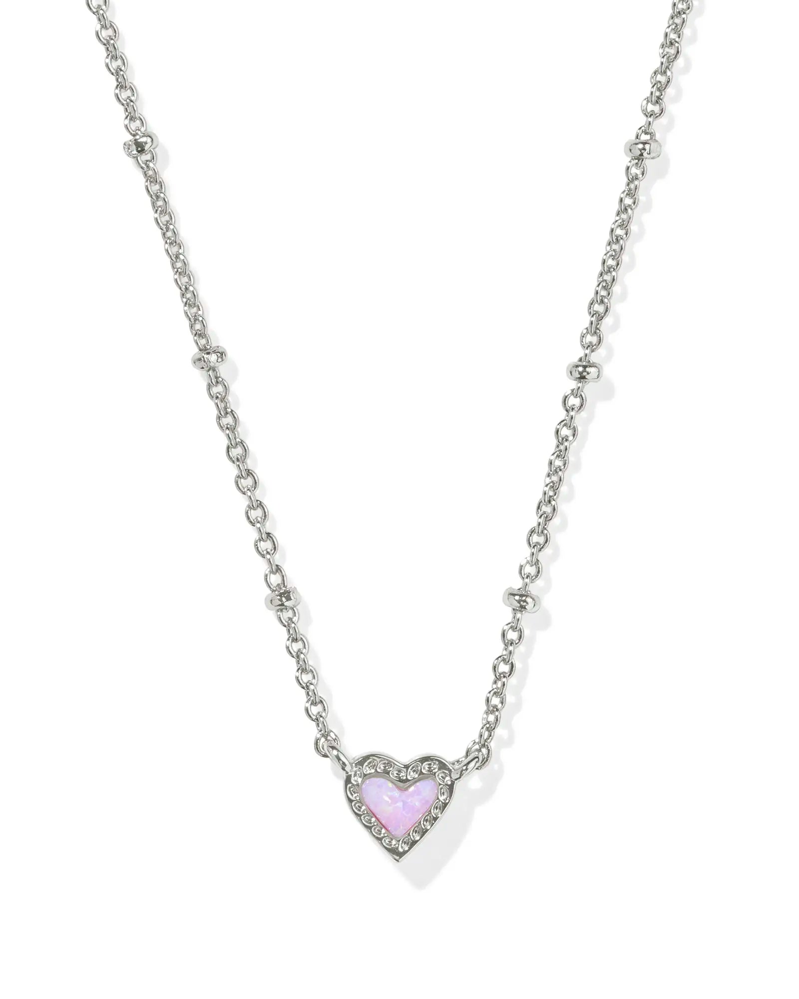 Mini Ari Heart Silver Satellite Short Pendant Necklace in Bubblegum Pink Kyocera Opal