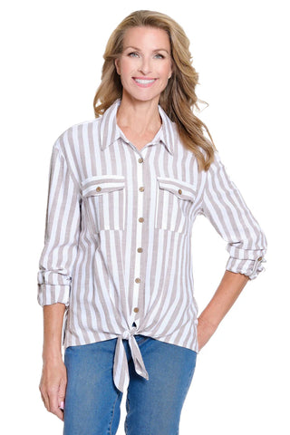 Striped Linen-Blend Roll-Tab Sleeve Shirt - Stone