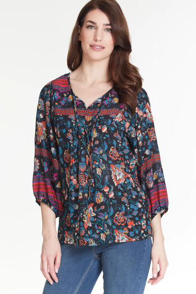 Multiples Tie Front Neck Multi-Print Top