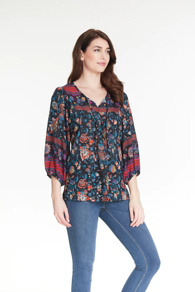 Multiples Tie Front Neck Multi-Print Top