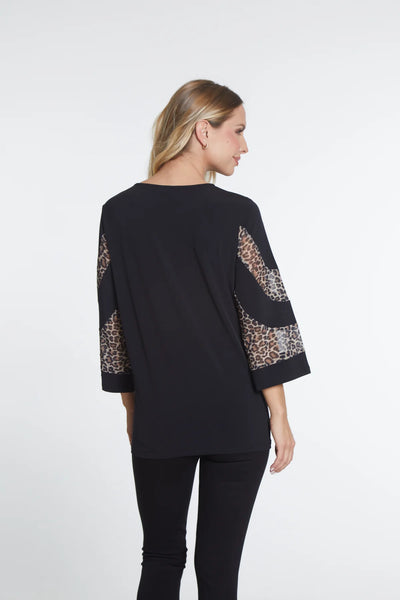 Multiples Black Knit Top with Animal Print Accent