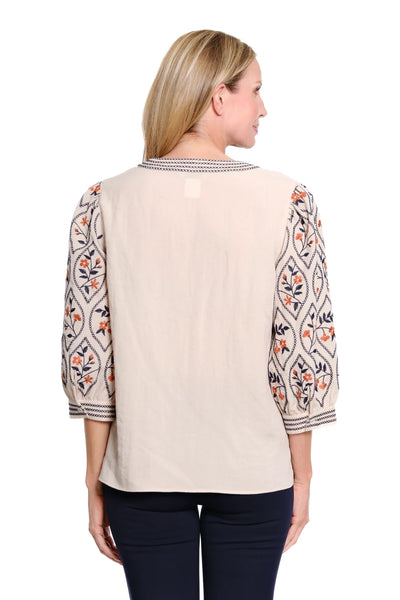 Multiples Puff Sleeve Embroidered Top