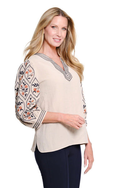 Multiples Puff Sleeve Embroidered Top