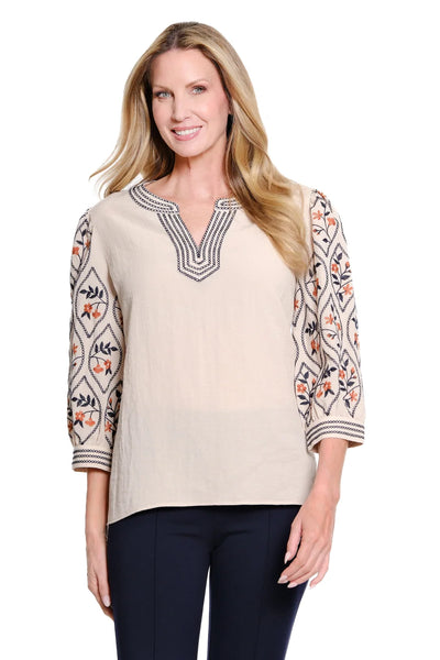 Multiples Puff Sleeve Embroidered Top