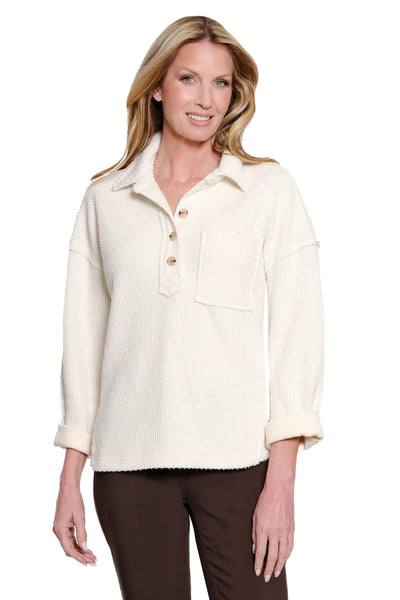 Winter White Button-Placket Hi-Lo Knit Top